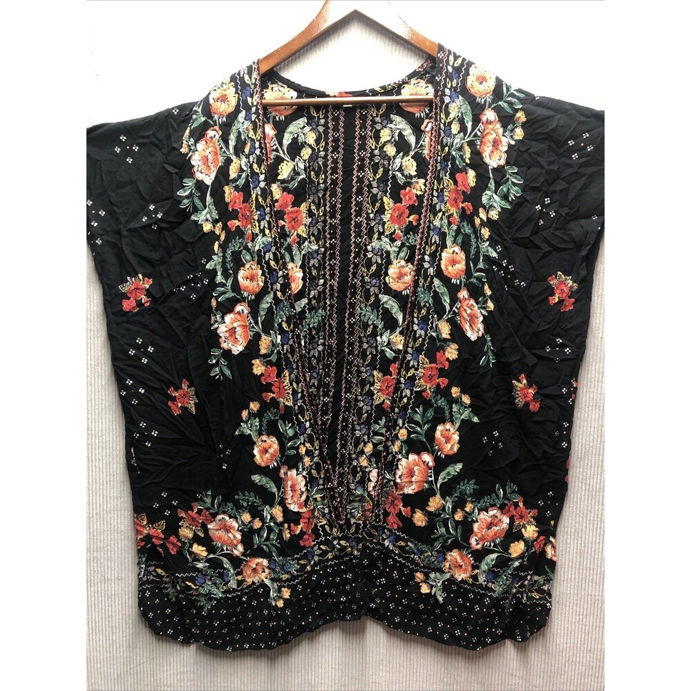Gypsy Love Size Large Floral Kimono Black Peach Open Front Boho Festival Layer